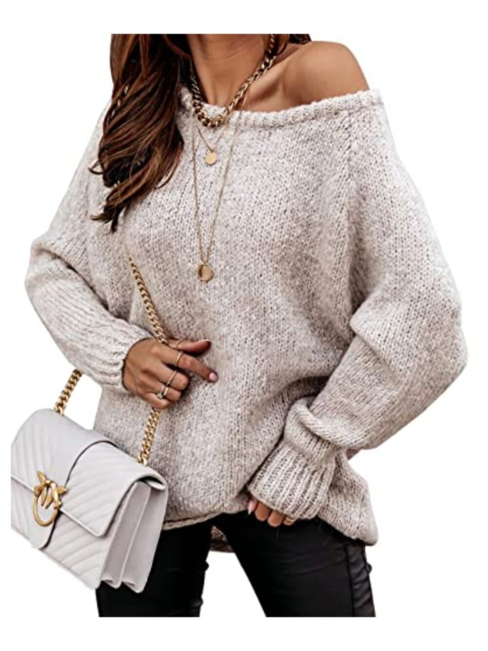 Oversized Chunky Knit Pullover Sweater Off Shoulder Crew Neck Long Sleeve